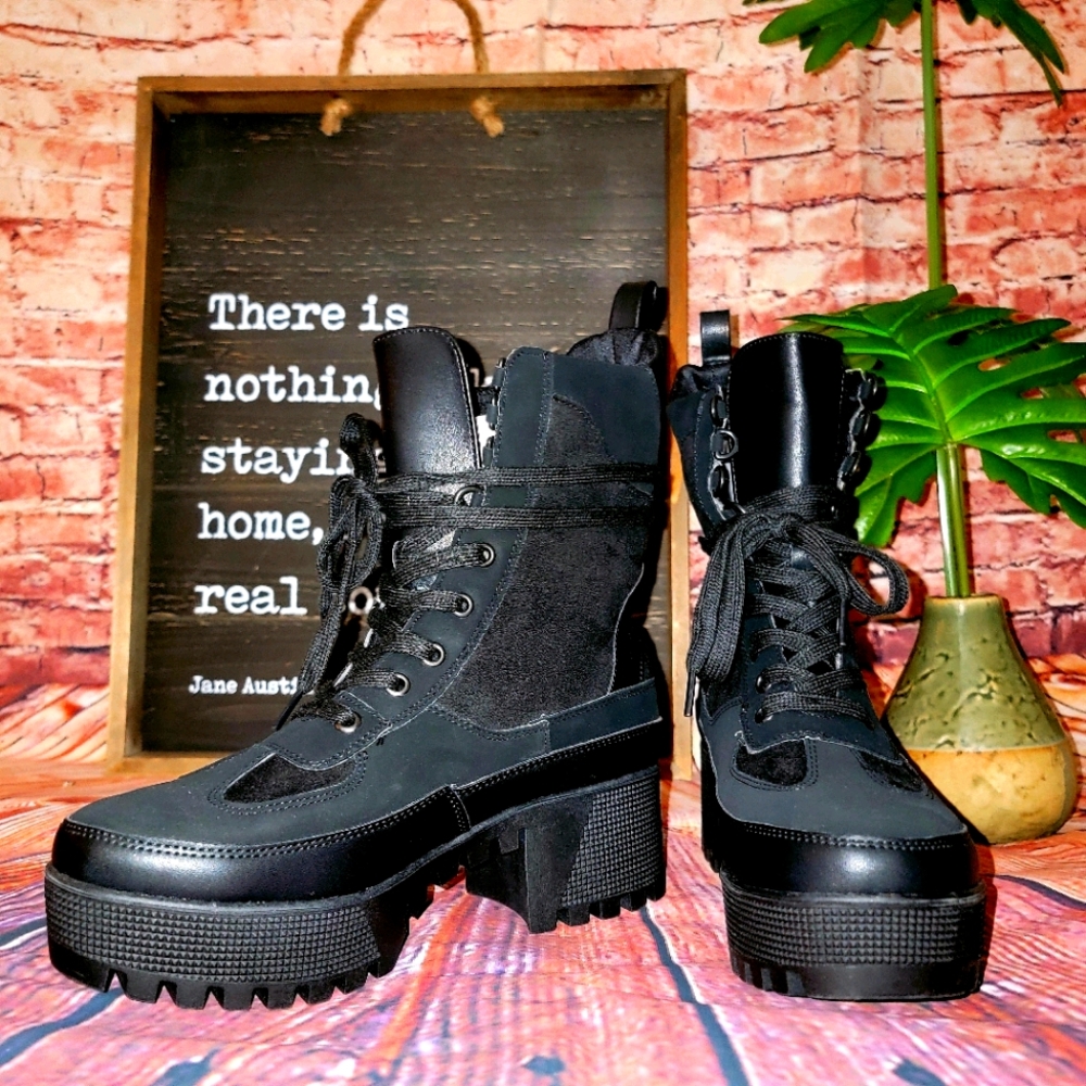 Black Suede/Leather Tie Up Combat Boots